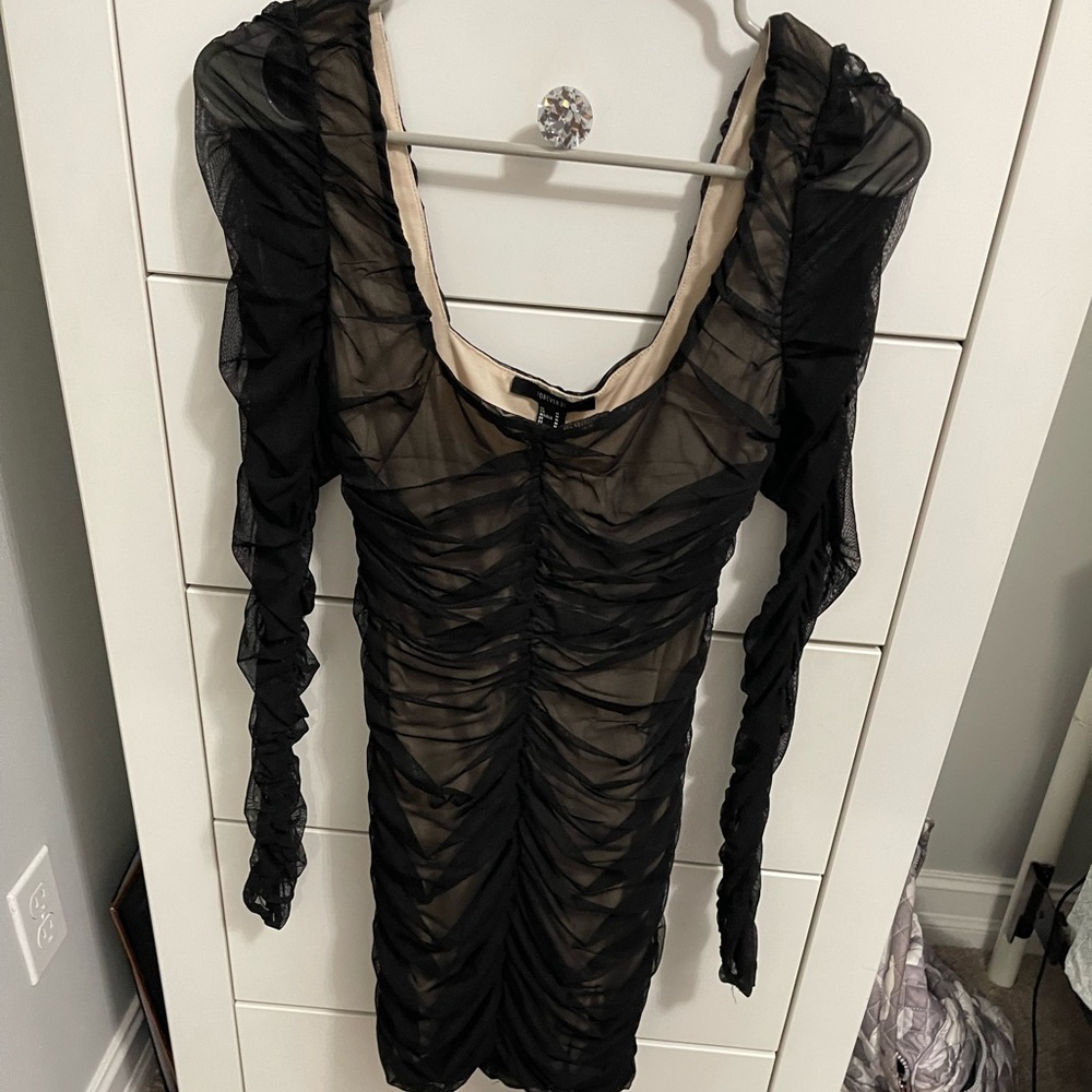 Black Mesh Ruched Dress